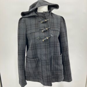 H&M Gray Plaid Wool Blend Hooded Jacket sz 6 Dark Academia Preppy Pleats